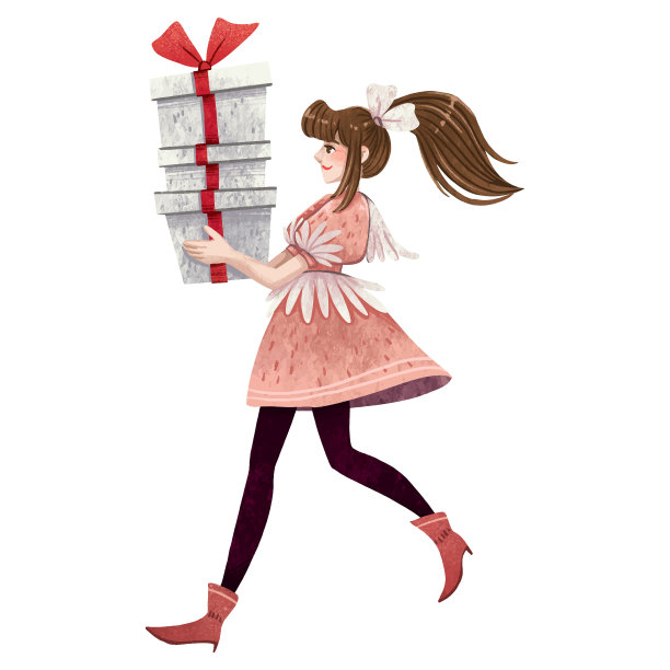 一个身穿连衣裙的黑发女孩从一个大甩卖中走出来，手里拿着很多礼物图片下载