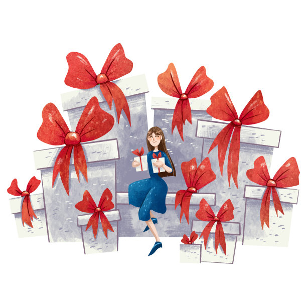 女孩坐在礼物上为众多的礼物画插图图片下载