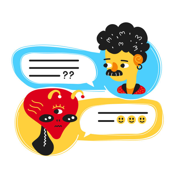 男人聊天，和外星人说话。矢量平面现代风格卡通人物插图图标设计。孤立在白色背景上。对话消息，信使聊天，不明飞行物外星人连接概念图片下载