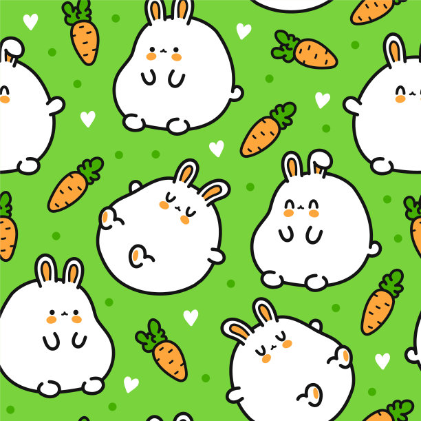 可爱有趣的兔子性格无缝模式。矢量手绘卡通卡哇伊人物插图图标。可爱的兔子，小兔子，卡通无缝图案概念图片下载
