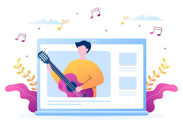 视频教程与男孩学习玩和观看在线音乐课程关于弹吉他在互联网上的海报或网络横幅。背景矢量图图片下载