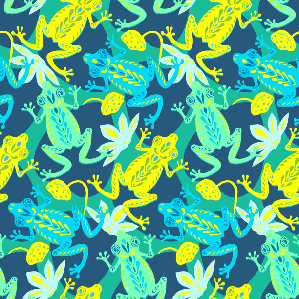 黄绿色的青蛙在荷花和叶子的池塘。无缝模式。剪纸扁平风格。织物装饰。打印的衣服。纺织品设计。手绘可爱的性格。向量图片下载