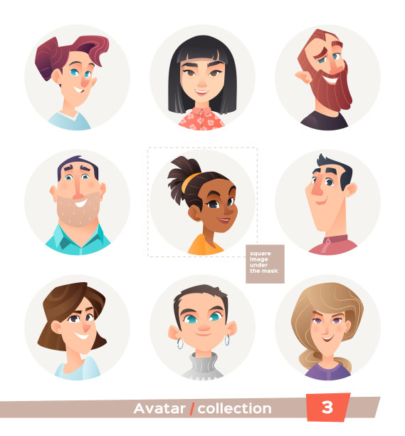 收集头像，人物。一个网络论坛或帐户的一组用户脸。男人和女人的偶像。图片下载