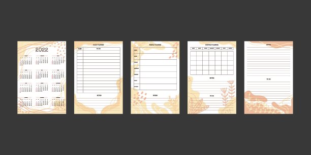 2022年日历和每日每周每月规划师收集时尚的手绘有机形状和植物元素在柔和的中性调色板图片下载