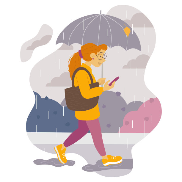 矢量插图，一个红头发的女学生在雨中打着伞，看着她的手机图片下载