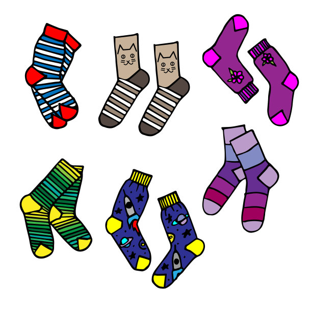 一套空白的颜色袜子。手绘涂鸦袜子在矢量格式。模板可以用于标识，图标，卡片。图片下载