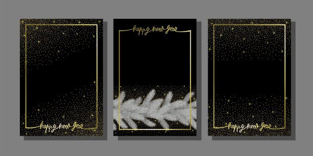 新年快乐与圣诞树和黄金闪光问候模板设置图片下载