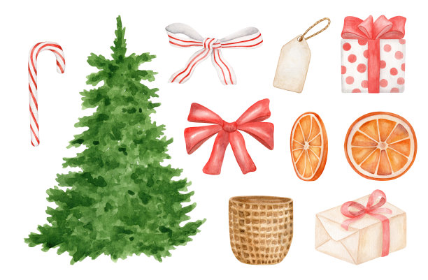 水彩画圣诞节与冷杉树，礼品盒，糖果拐杖，丝带蝴蝶结和干桔子片。手绘圣诞元素插图孤立在白色背景。的冬天绘画。图片下载