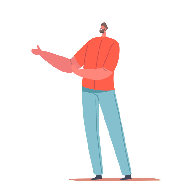 红色衬衫和牛仔裤的男性角色被孤立在白色背景下。单身大胡子男人，积极友好图片下载