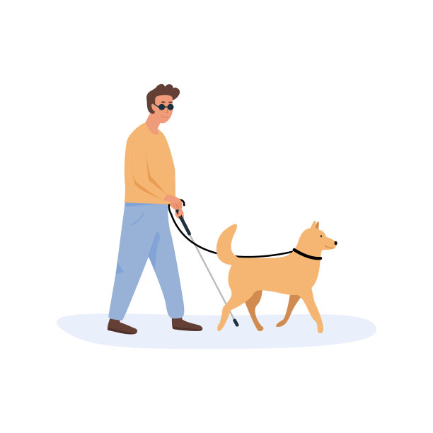 导盲犬与盲人同行。残疾男性，在狗狗的帮助下，用手杖打。平的风格的角色。矢量插图。图片下载