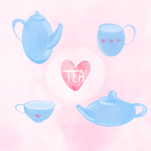 水彩茶具。手绘茶壶和茶杯与水彩画。图片下载