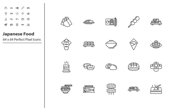 集日本美食细线图标，传统亚洲美食图片下载
