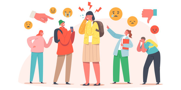 青少年角色欺负同学的女孩用下流的名字叫。青少年虐待，大笑和指向女学生图片下载