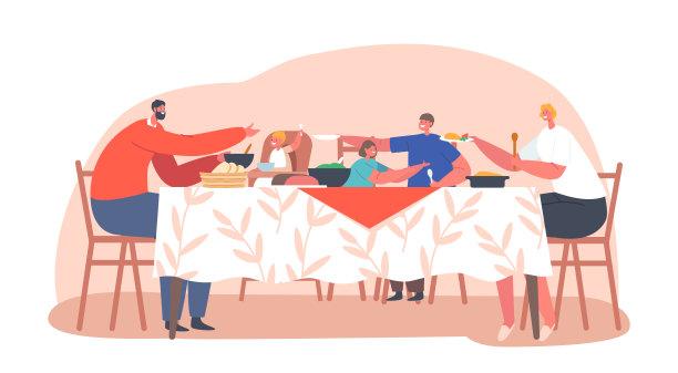 欢快的家长和孩子们正在吃午餐。快乐的家庭，妈妈，爸爸和小孩在餐桌上吃晚餐图片下载