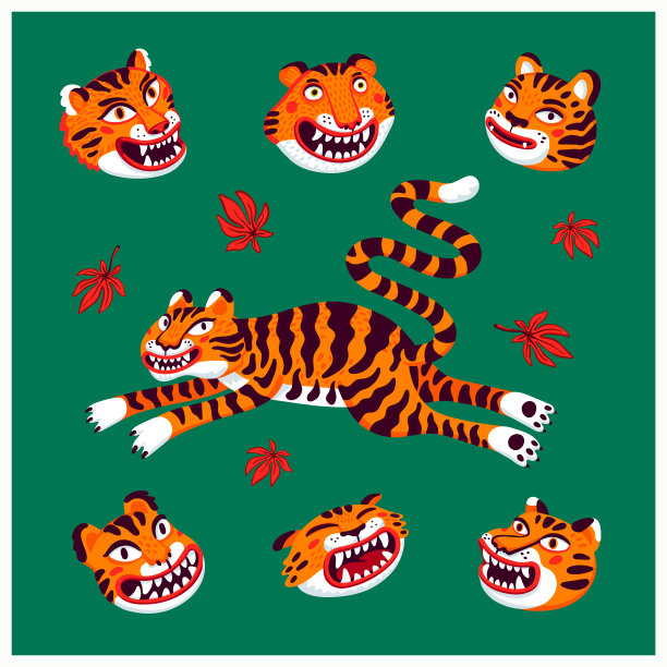 老虎向量集，跳跃的老虎和老虎的头在卡通亚洲风格。有机平面风格矢量插图图片下载