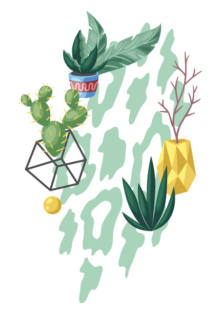 背景是仙人掌和多肉植物。装饰性的有刺的开花仙人掌和花盆中的植物。图片下载