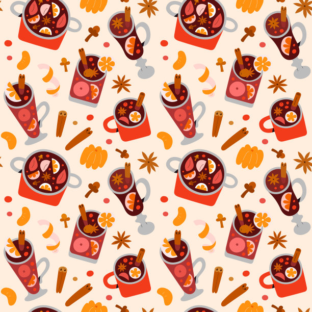 热葡萄酒图案，圣诞节日饮料在玻璃杯和马克杯装饰香料，调味品和水果，肉桂和丁香香料，无缝图案图片下载