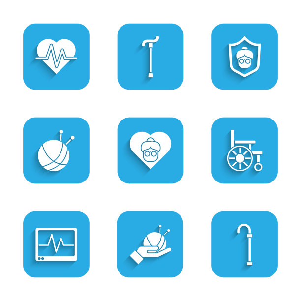 集祖母，纱线球针织针，拐杖拐杖，轮椅，监视器的心电图，和心率图标。向量图片下载