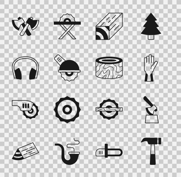 设置锤子，木斧树桩，保护手套，横梁，电动圆锯，耳机，和树图标。向量图片下载
