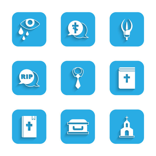 套领带，棺材与十字架，教堂建筑，圣经书，演讲泡沫撕裂死亡，百合花和泪眼图标。向量图片下载