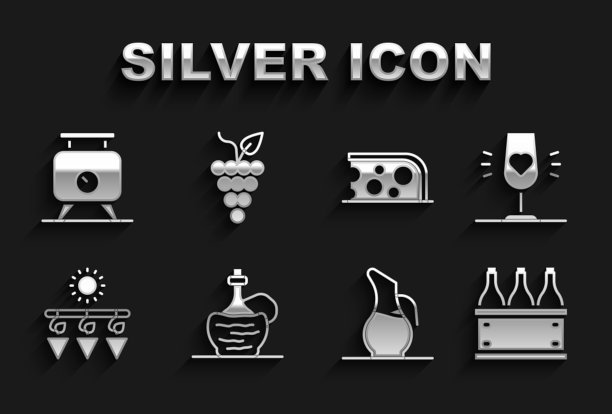 设置葡萄酒在意大利fiasco瓶，玻璃，葡萄酒盒瓶，醒酒器，干燥葡萄，奶酪，发酵和串图标。向量图片下载