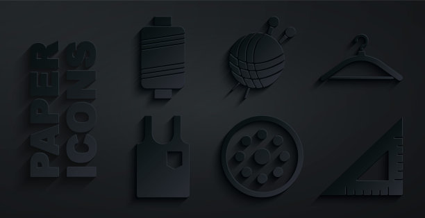 设置缝纫按钮，衣架衣柜，无袖t恤，三角形尺，纱线球针织针和线图标。向量图片下载