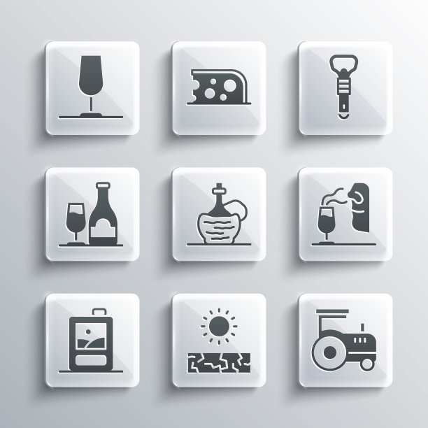 设置干旱，拖拉机，侍酒师，葡萄酒在意大利惨败瓶，纸盒葡萄酒，玻璃，和开瓶器图标。向量图片下载