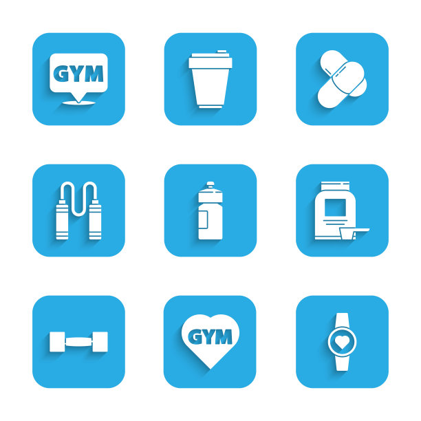 设置健身器，健身心脏，智能手表，运动营养，哑铃，跳绳，位置图标。向量图片下载