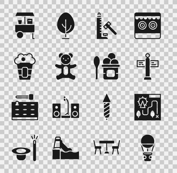 设置热气球，游乐园地图，道路交通路标，锤子，泰迪熊毛绒玩具，爆米花盒，快餐街头食品车和冰淇淋碗图标。向量图片下载