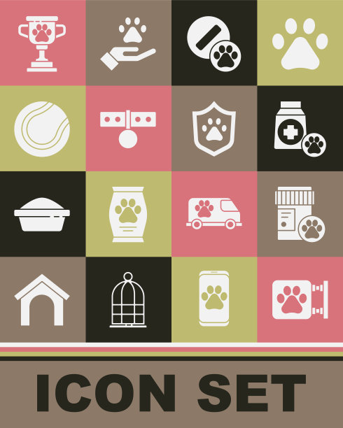 集兽医诊所，狗药瓶，袋食品，药丸，衣领与姓名标签，网球，宠物奖和动物健康保险图标。向量图片下载