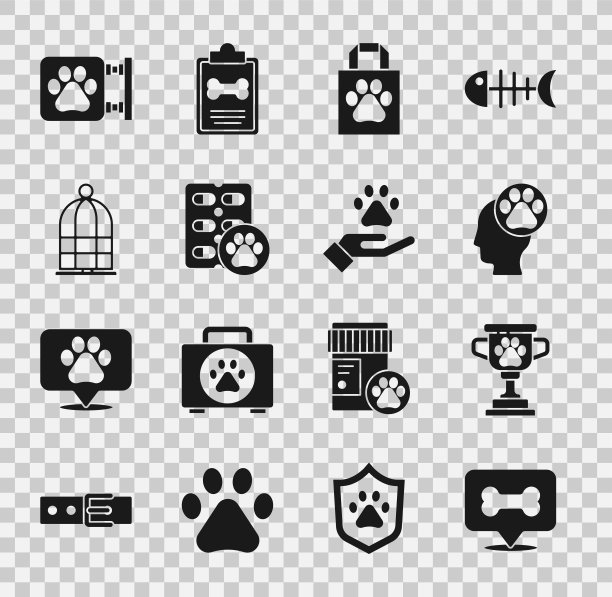 集狗骨头，宠物奖，人类与动物足迹，购物袋宠物，药丸，鸟笼，兽医诊所和手图标。向量图片下载