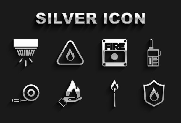 手持火焰、对讲机、防火盾、燃烧的火柴、卷盘、警报系统、烟雾和火焰三角形图标矢量素材图片下载