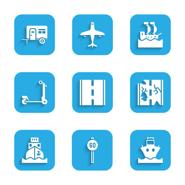 设置道路，限速交通，货船，破路，滑板车，帆船和房车露营拖车图标。向量图片下载