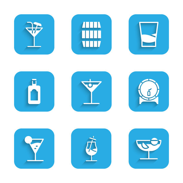 设置马提尼玻璃杯，鸡尾酒，木桶架上，威士忌瓶，伏特加和图标。向量图片下载