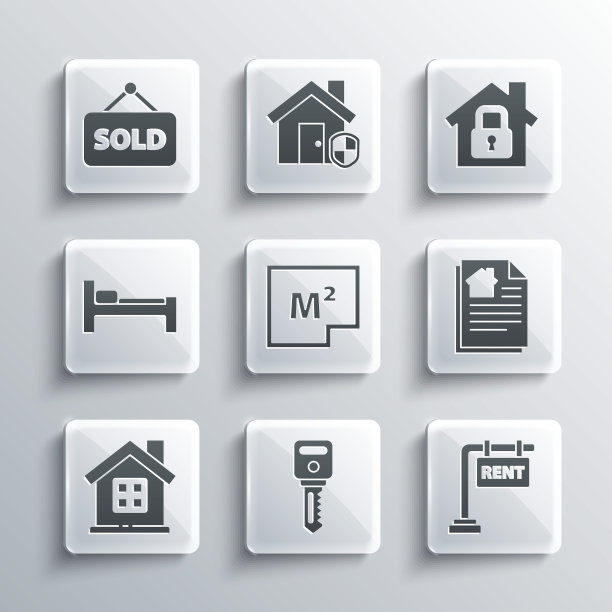 设置房屋钥匙，挂签与租赁，合同，计划，床，文字出售和保护图标。向量图片下载