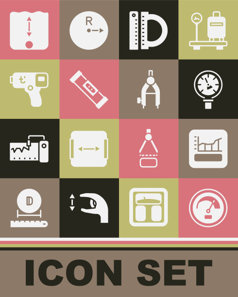 设置速度表，图形，时间表，图表，图表，压力水，量角器和尺，施工气泡水准仪，数字温度计，深度测量和绘图罗盘图标。向量图片下载