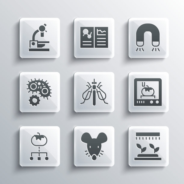 设置实验鼠标、自动喷灌、3D打印技术、昆虫、转基因食品、病毒、显微镜和磁铁图标。向量图片下载