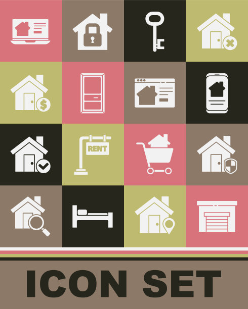 设置车库，受保护的房子，在线房地产房子，钥匙，关闭的门，与美元符号，图标。向量图片下载