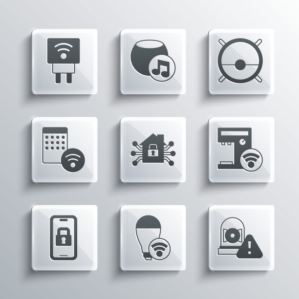 设置智能灯泡、闹钟铃声、咖啡机、家居、数字门锁、空气加湿器、电动插头、机器人吸尘器图标。向量图片下载