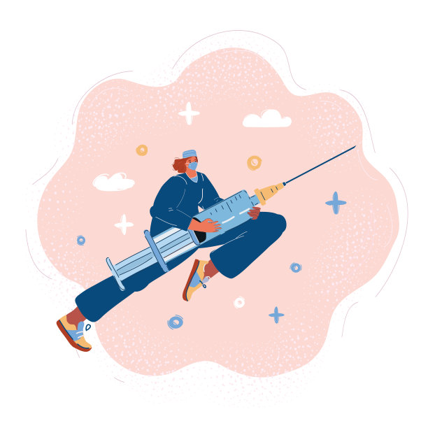 矢量插图的女人医生跑步与注射器。他以超级英雄的姿态飞行，拯救人类图片下载