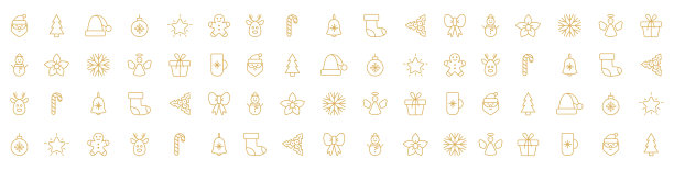 圣诞线图标设置。假日轮廓的象征。新年快乐长网横幅。雪花、圣诞老人、礼物天使、蝴蝶结、驯鹿雪人、圣诞树、蝴蝶结、袜子糖果等设计元素。矢量图图片下载