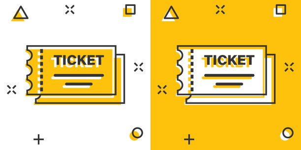 漫画风格的电影票图标。承认一个优惠券入口卡通矢量插图在白色孤立的背景。票务飞溅效应经营理念。图片下载