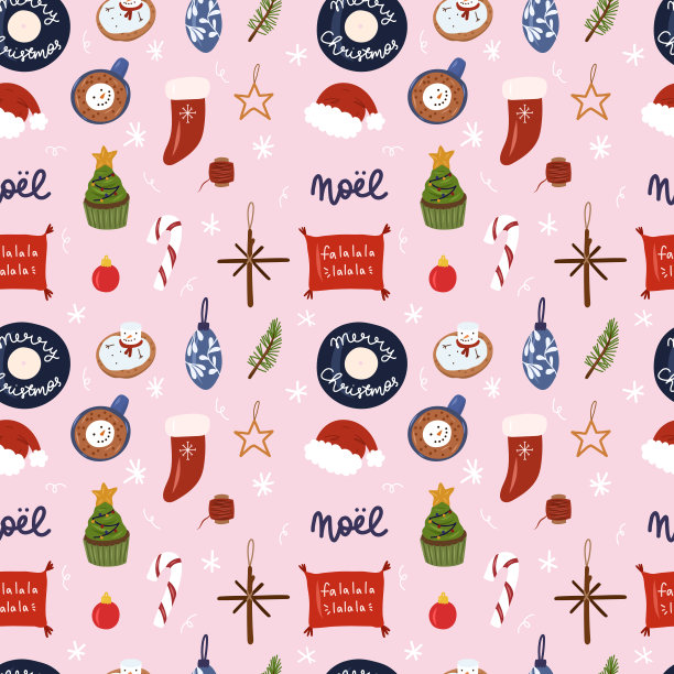 圣诞节无缝模式在粉红色的背景。图片下载