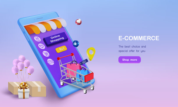 电子商务用礼品盒和气球购物车图片下载