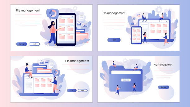 文件管理的概念。数据存储。文件夹、文档和媒体内容。小人搜索文件。屏幕模板登陆页，模板，ui，网页，移动应用程序，海报，横幅，传单。向量图片下载