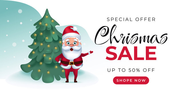 圣诞节销售旗帜。向量插图的圣诞老人在圣诞树下。卡通写实的风格图片下载