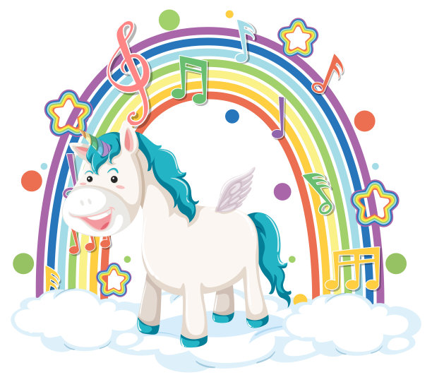 独角兽站在云与彩虹和旋律的象征图片下载