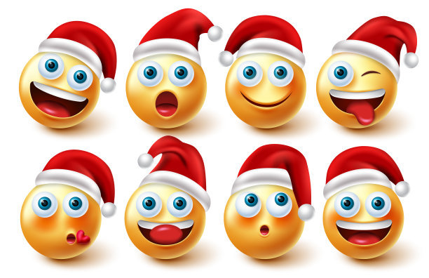 表情圣诞老人圣诞字符向量集。圣诞老人的表情符号与红帽子在滑稽和友好的面部表情字符圣诞节收集设计。图片下载