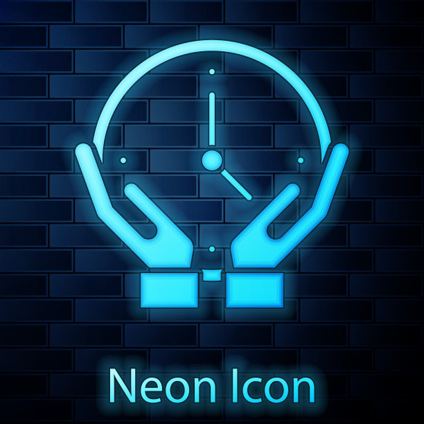 发光的霓虹灯时钟图标孤立在砖墙图片下载
