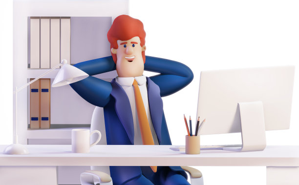 3 d渲染插图。成功快乐的商人在他的办公桌前工作。办公室工作环境。忙碌的商人用电脑工作，思考，做梦图片下载